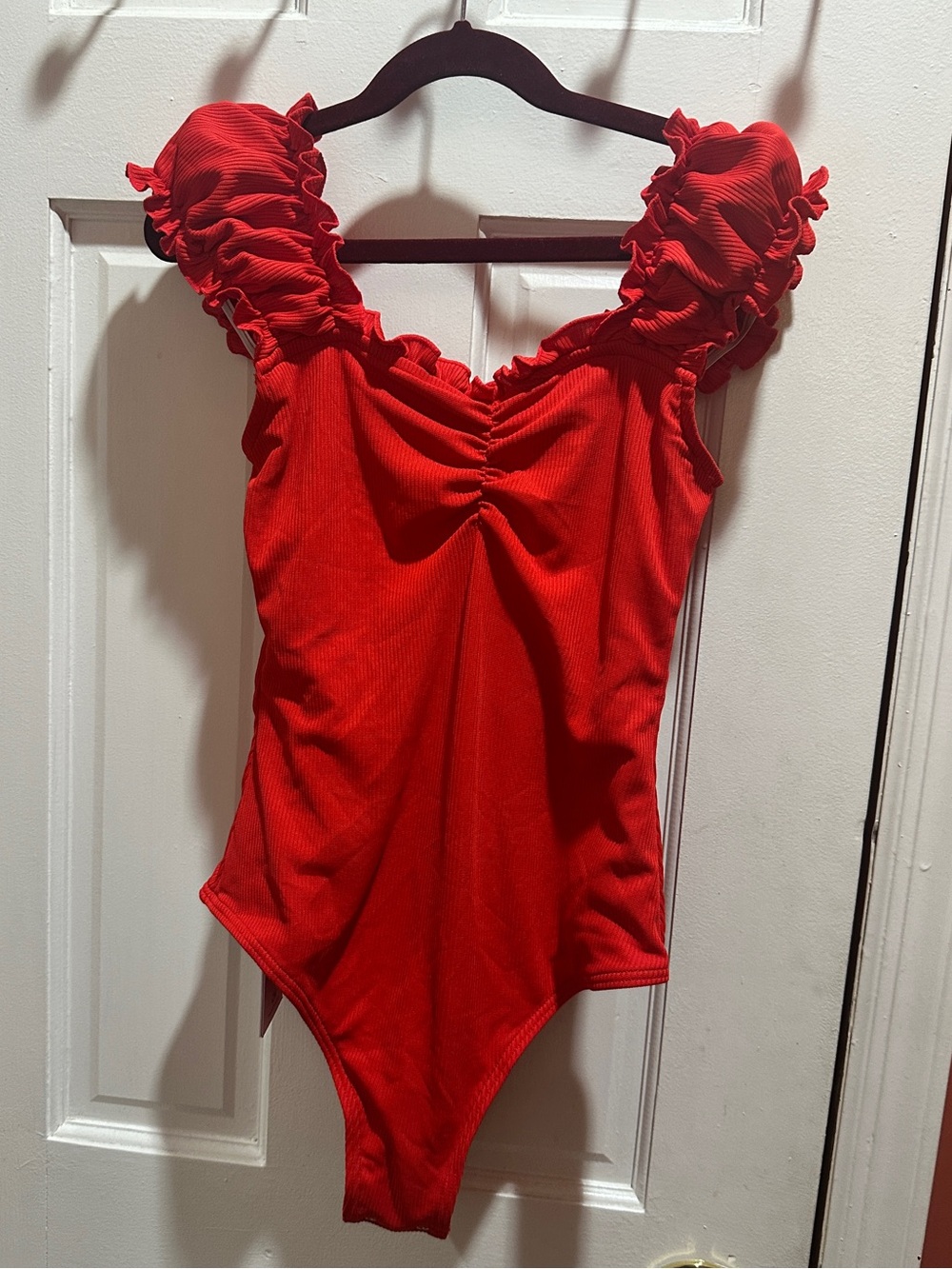 Red Ruffled Shoulder Women’s One-Piece Swimsuit